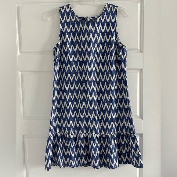 J. Crew Linen Blend Ikat Chevron Sleeveless Bow Back Ruffled Hem Shift Dress S - Picture 1 of 12